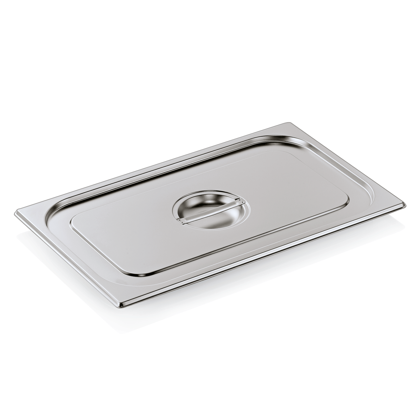 Edelstahl-Gastronorm-Behälterdeckel mit Griff.