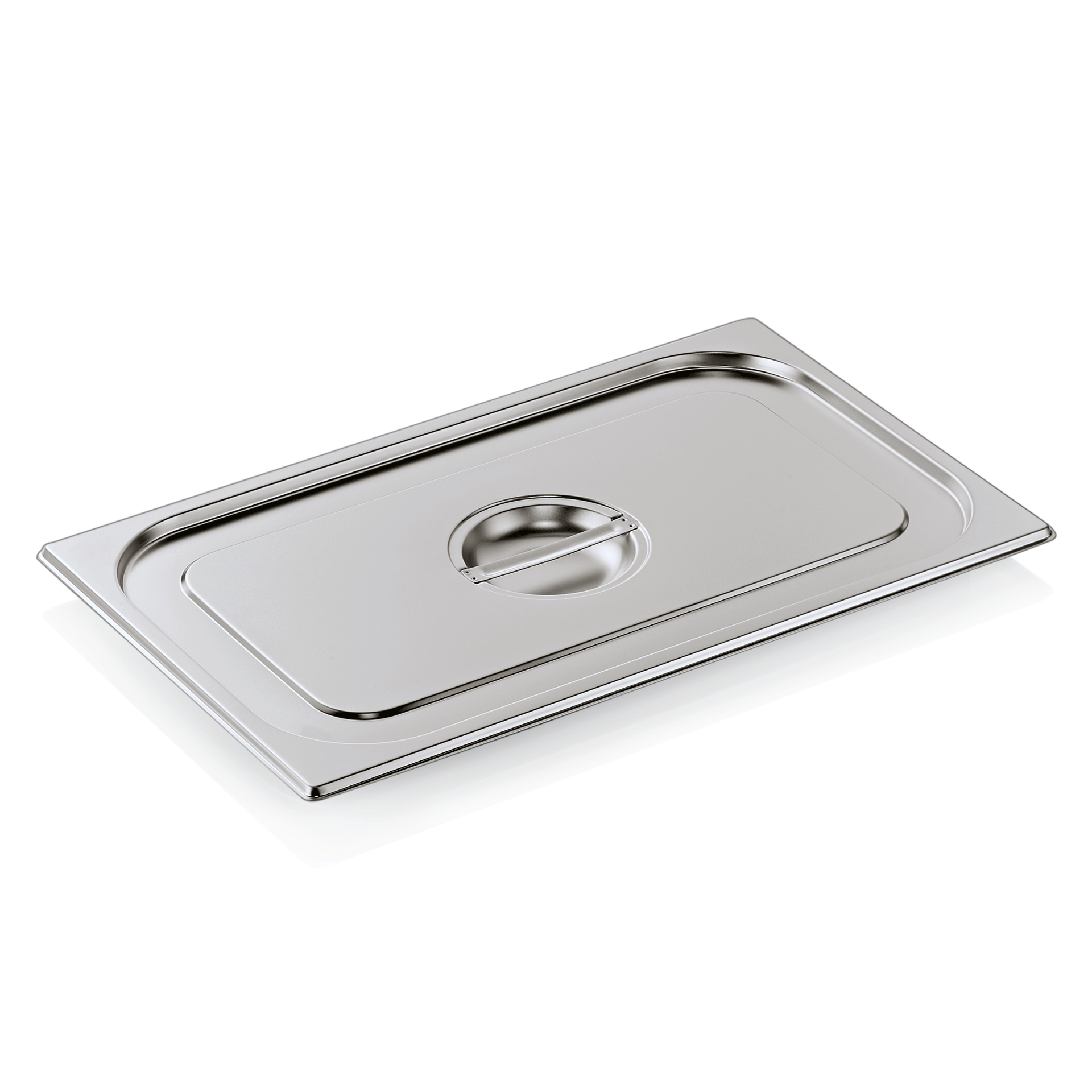 Edelstahl-Gastronorm-Behälterdeckel mit Griff.