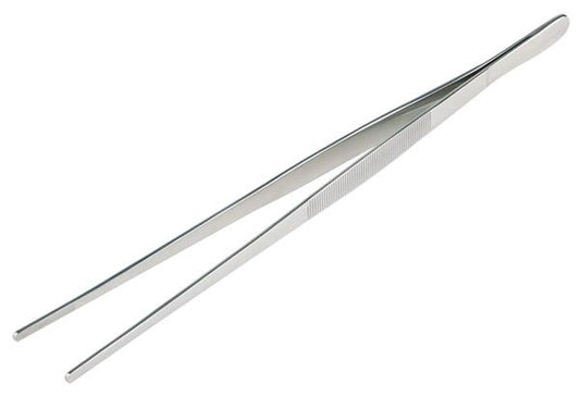 Silberne Küchenpinzette aus Metall.