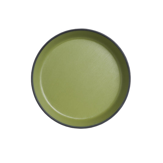 Grüner Teller auf weißem Hintergrund.