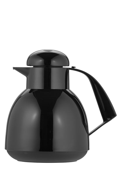 Schwarze Thermoskanne mit Henkel und Deckel.
