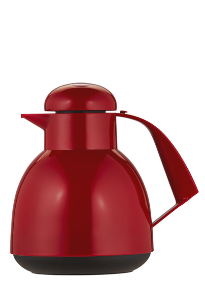Rote Thermoskanne mit schwarzem Boden.