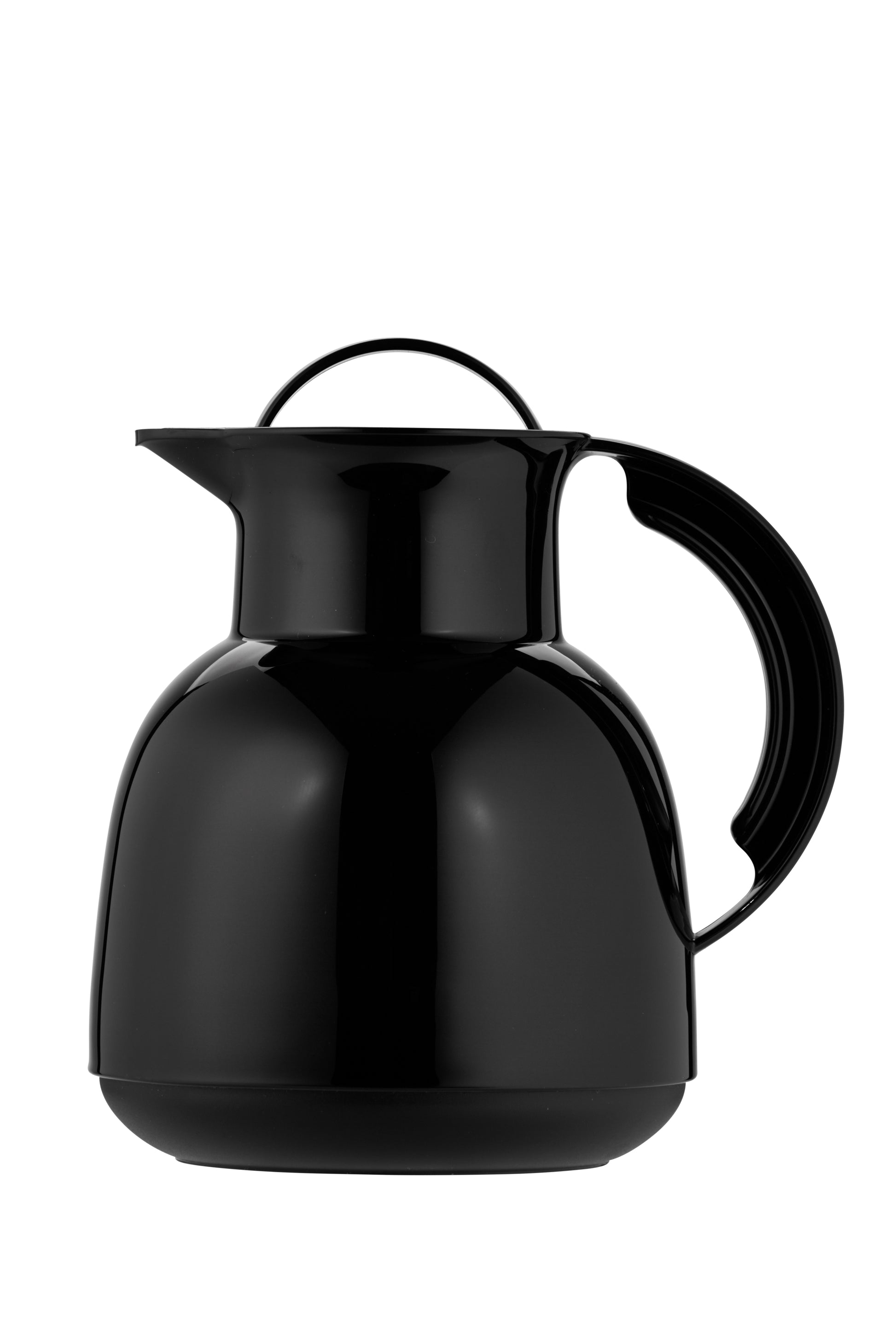 Schwarze Thermoskanne mit Henkel und Deckel.