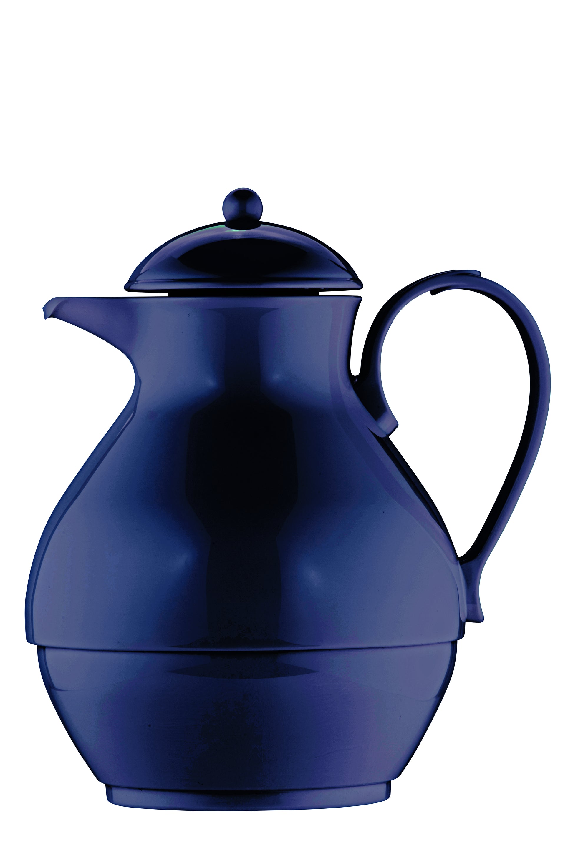 Blaue Thermoskanne mit Deckel und Griff.