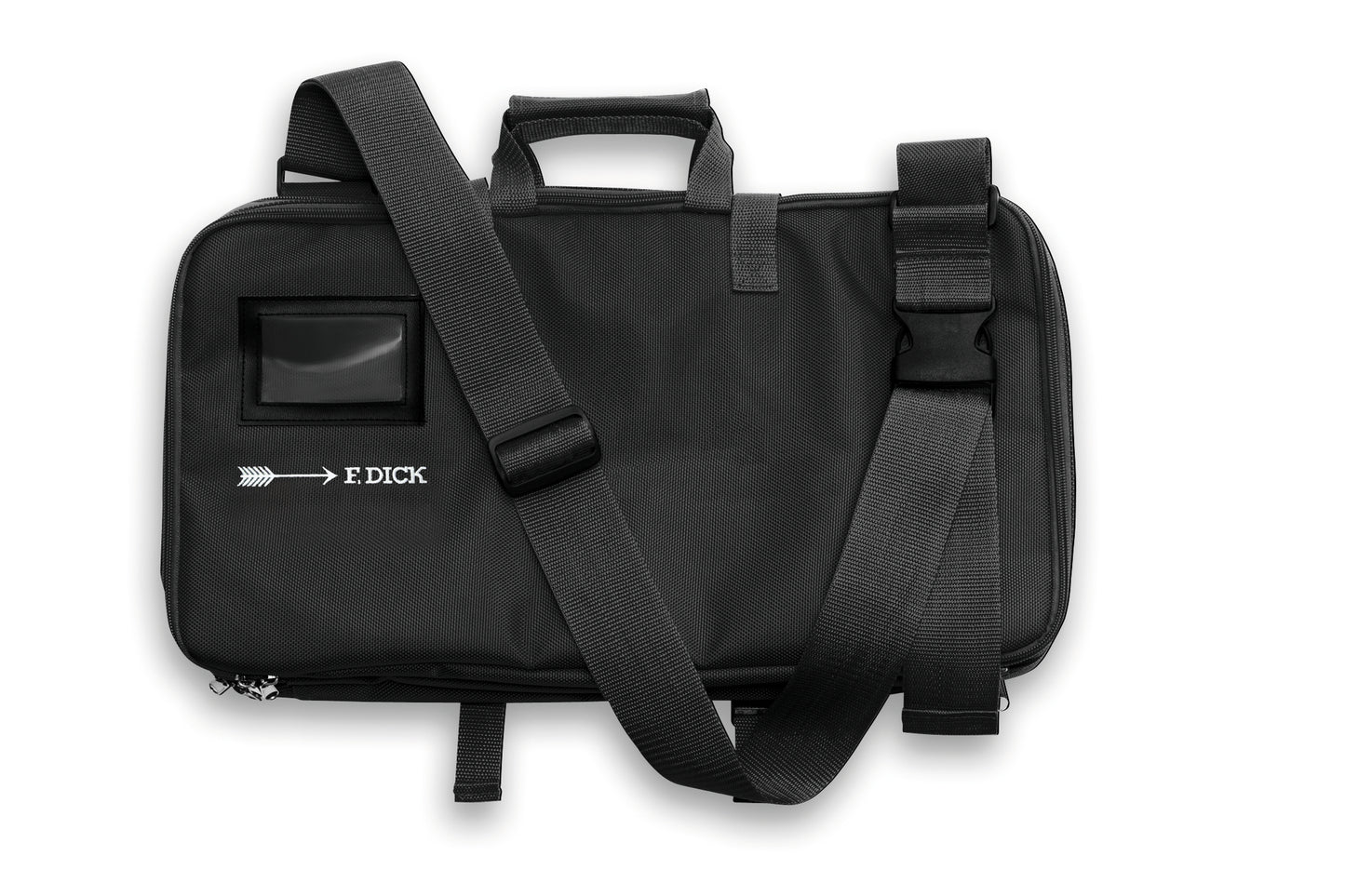 Schwarze Messertasche mit Tragegurt.