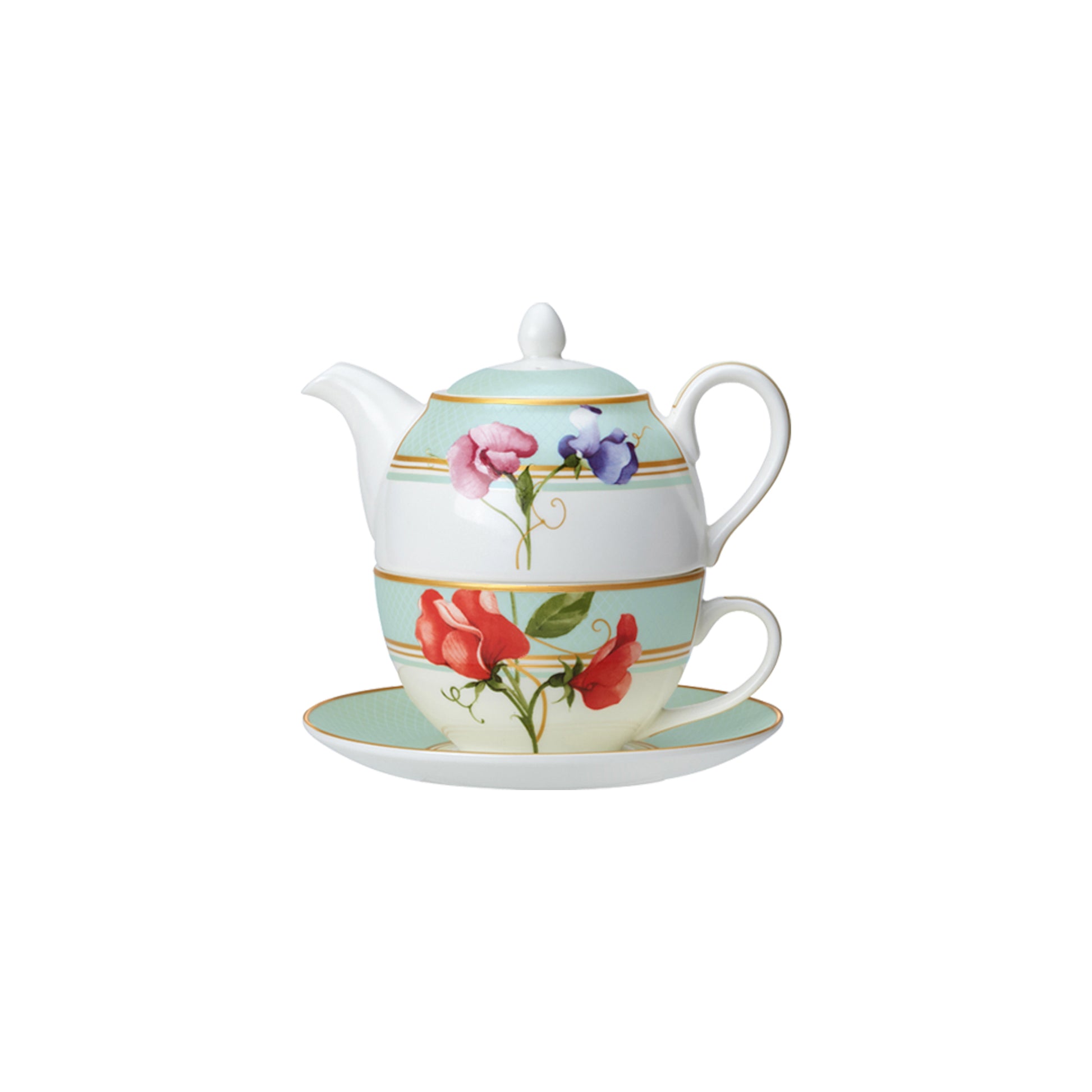 Teekanne mit Tasse und Untertasse.