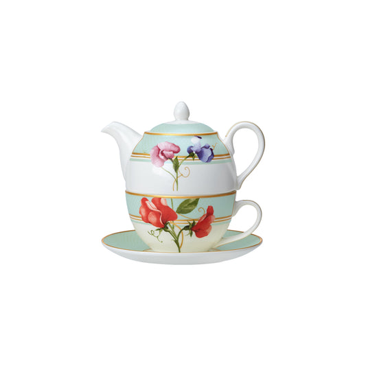 Teekanne mit Tasse und Untertasse.