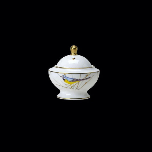 Porzellanschale mit Vogelmotiv und Deckel.