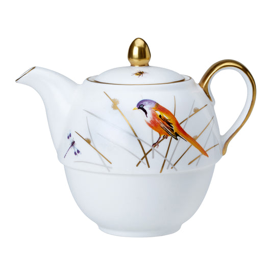 Porzellan-Teekanne mit Vogelmotiv.