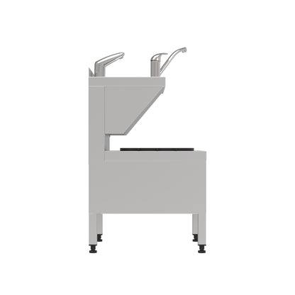 Edelstahl-Handwaschbecken mit Kniebedienung.