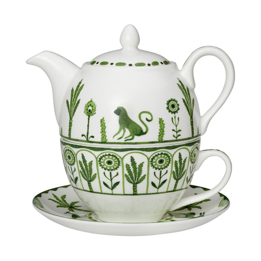 Teekanne mit Tasse und Untertasse.