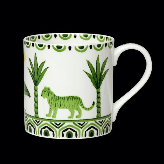 Tasse mit grünem Tiger-Muster.