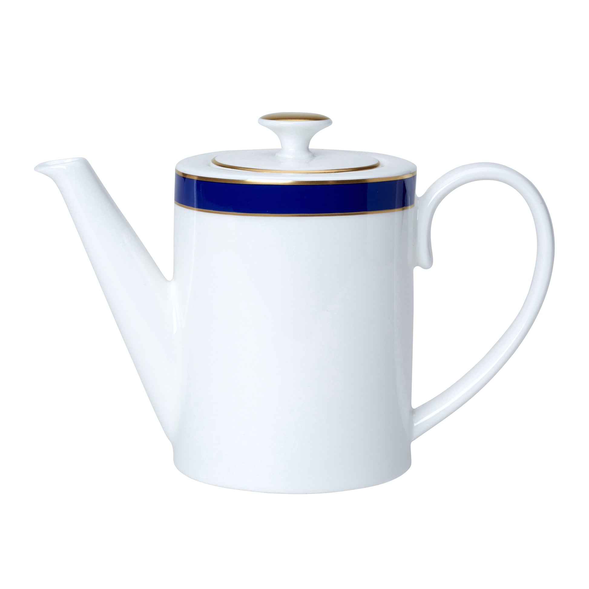 Weiße Teekanne mit blauem Rand.