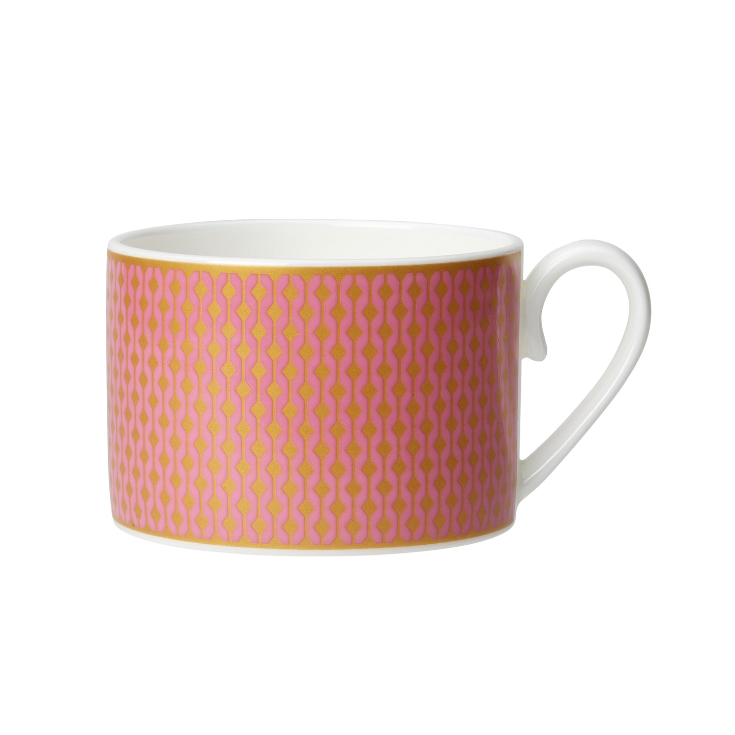 Tasse mit rosa-goldenem Muster.