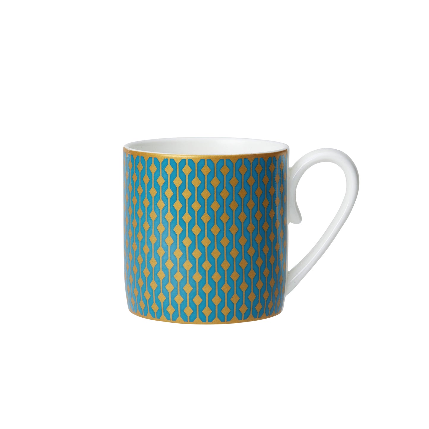 Tasse mit blau-goldenem Muster.
