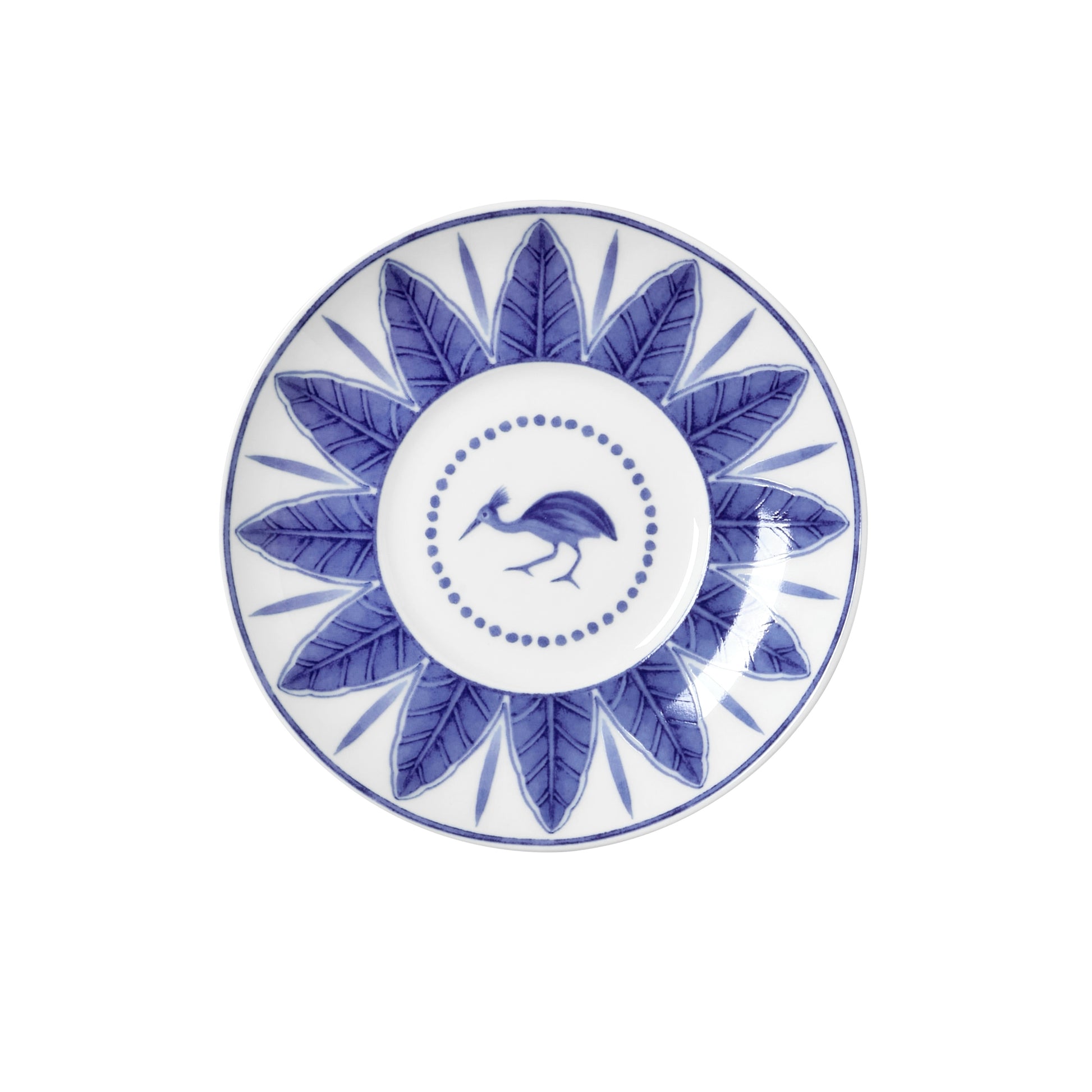 Teller mit blauem Vogelmotiv.