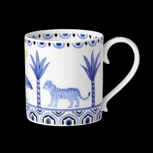 Tasse mit blauem Tiger-Muster.