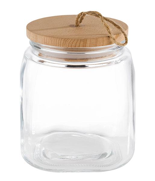 Leere Glasdose mit Holzdeckel