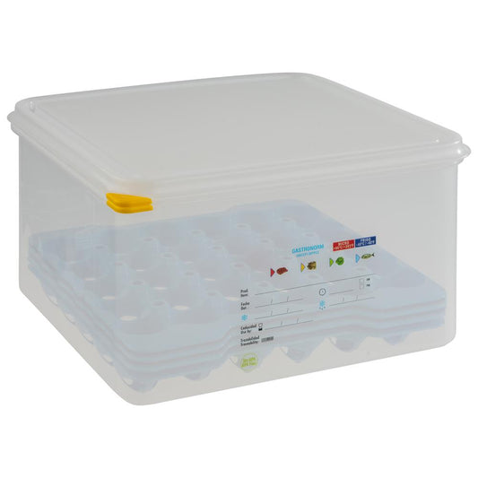 Transparente Box mit Deckel, Etiketten.