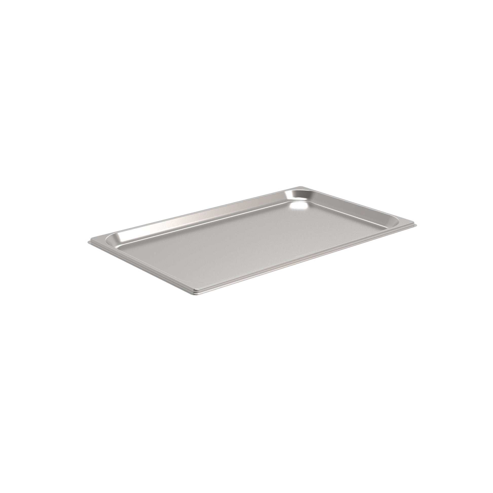 Edelstahl-Gastronorm-Behälter auf weißem Hintergrund.