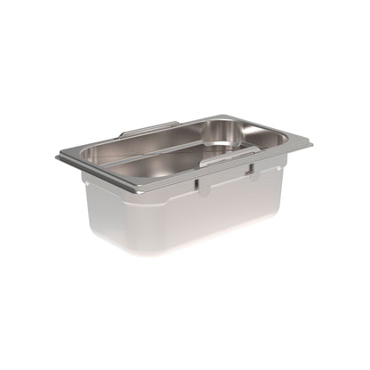 Edelstahl-Gastronormbehälter mit Deckel.