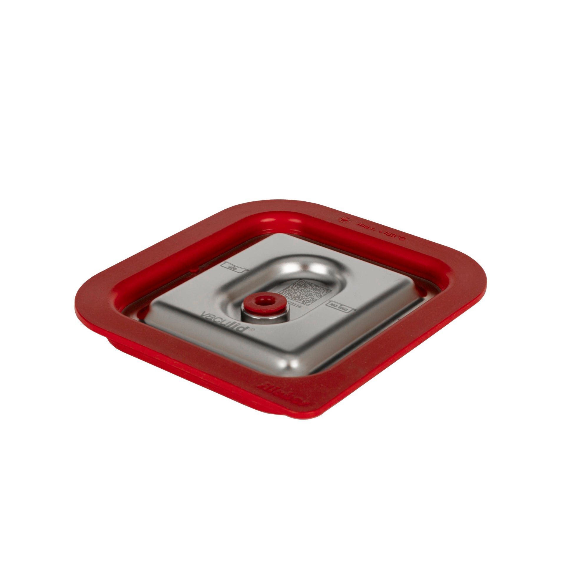 Roter Deckel mit Metallmitte.