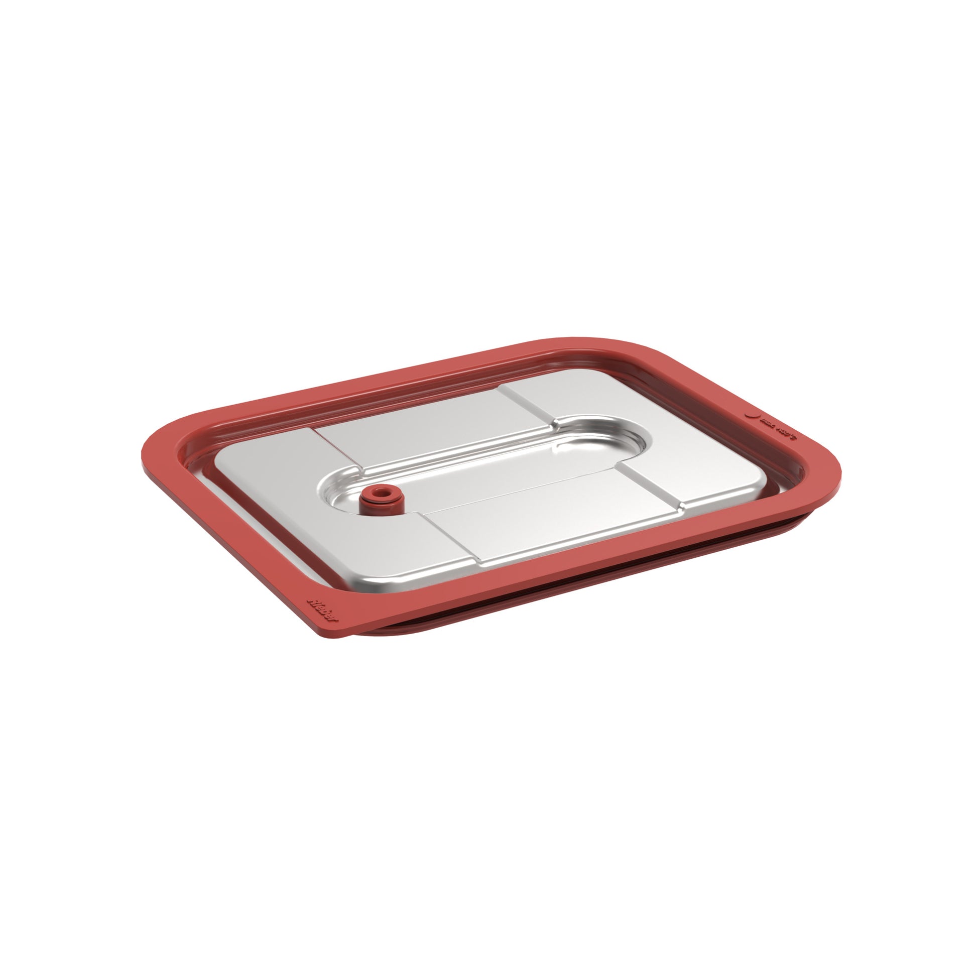 Edelstahl-Deckel mit rotem Rand.