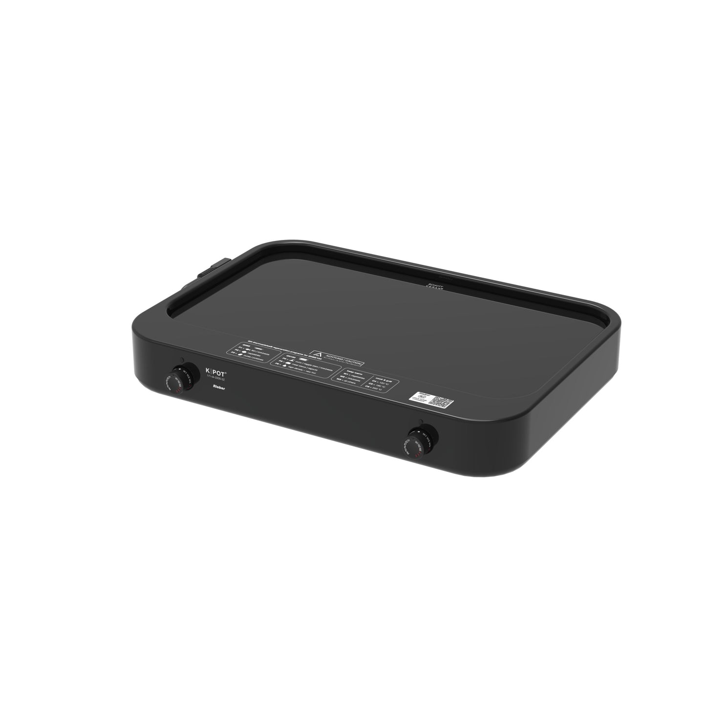 Schwarze elektrische Kochplatte mit Reglern.