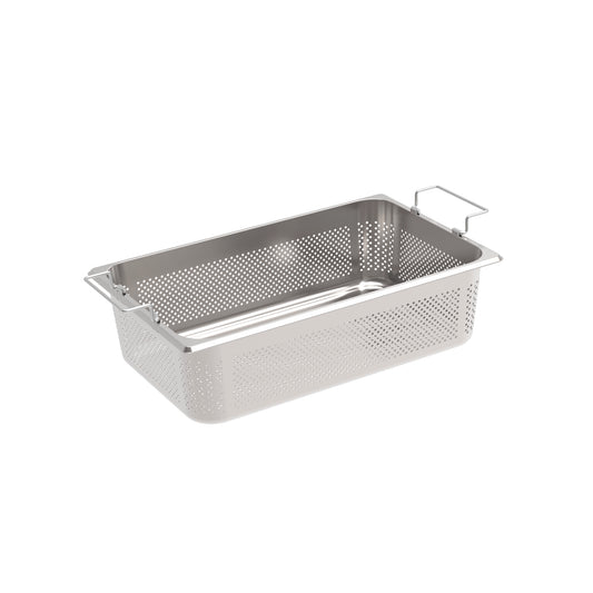 Perforierter Edelstahl-Gastronomiebehälter mit Griffen.