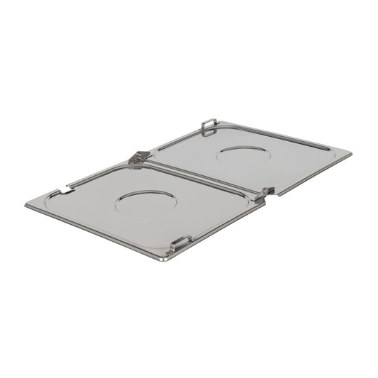 Zwei Edelstahl-Deckel mit Griffen.