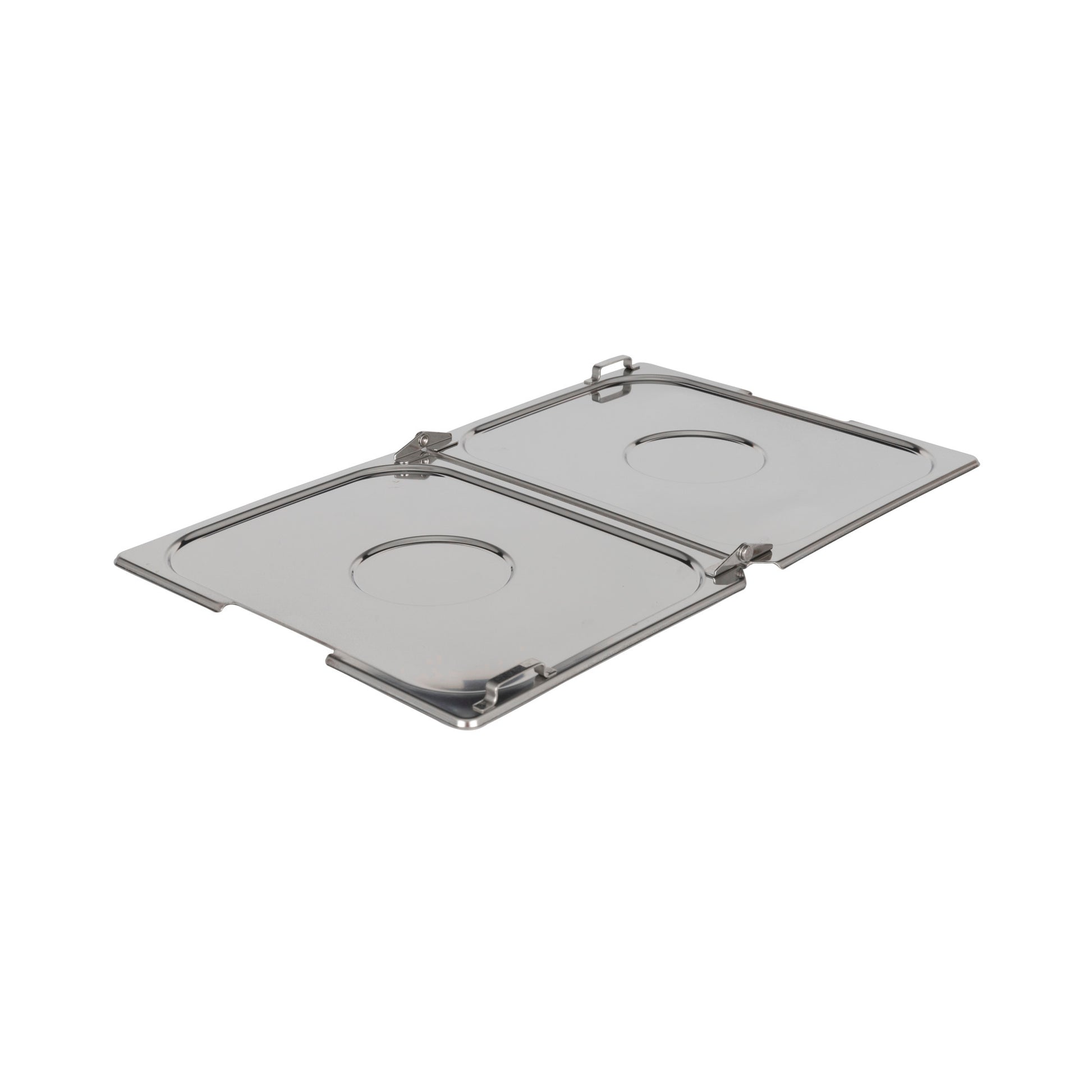 Zwei Edelstahl-Deckel mit Griffen.