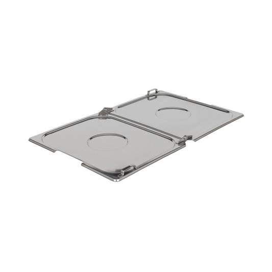 Zwei Edelstahl-Deckel mit Griffen.