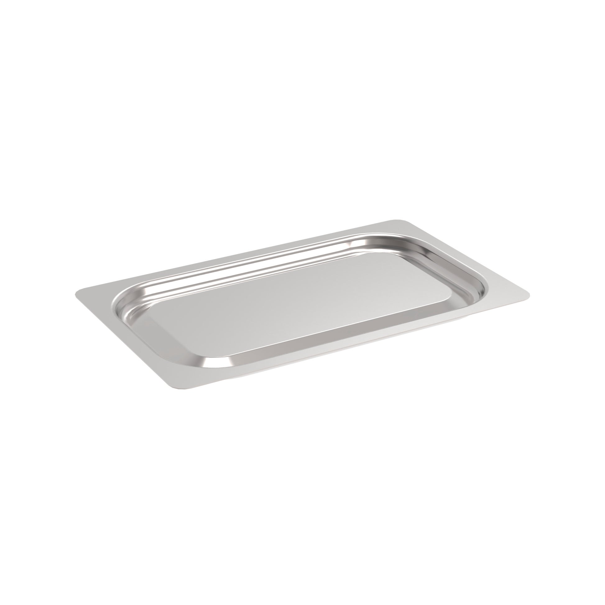 Edelstahl-Gastronorm-Behälterdeckel auf weiß.
