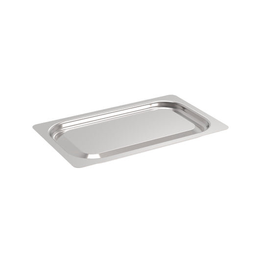 Edelstahl-Gastronorm-Behälterdeckel auf weiß.