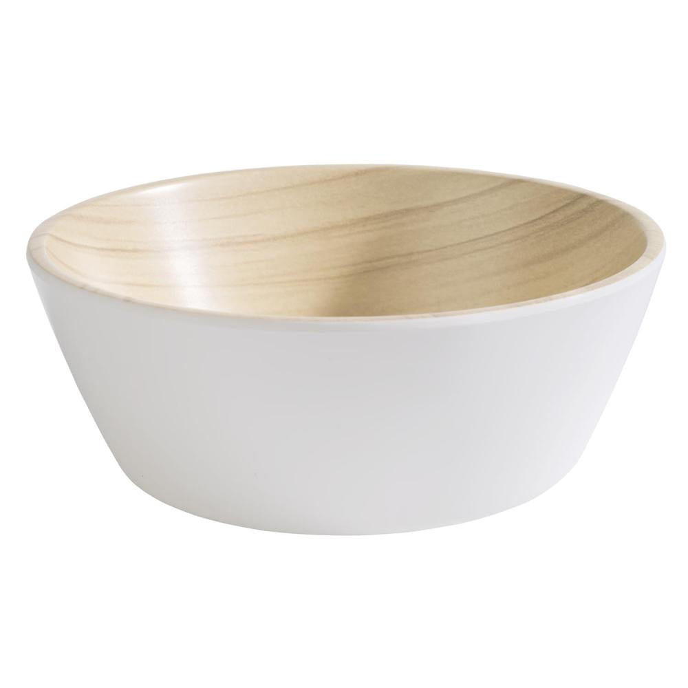 Weiße Schüssel mit Holzoptik.