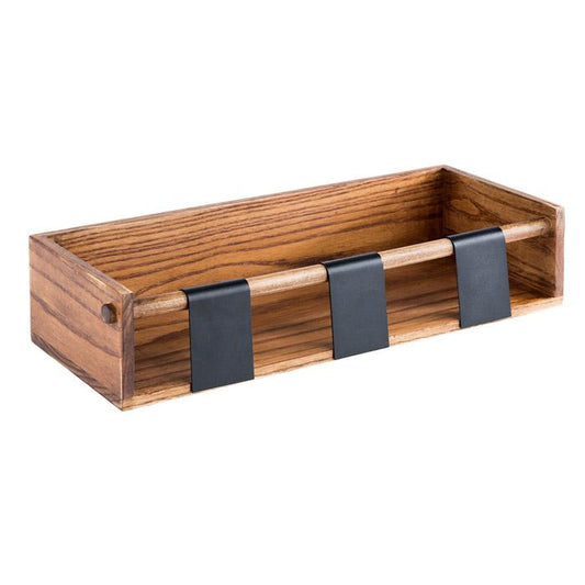 Holztablett mit schwarzen Griffen.