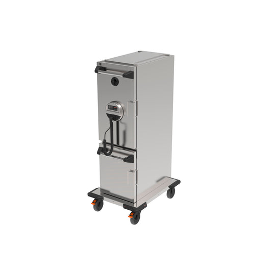 Mobiler Edelstahl-Transportwagen mit Thermometer.