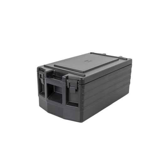 Schwarze Thermobox mit Deckel.