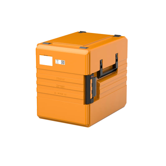 Orange Thermobox mit Griffen.