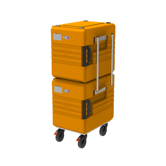Mobiler, gelber Transportbehälter auf Rollen.