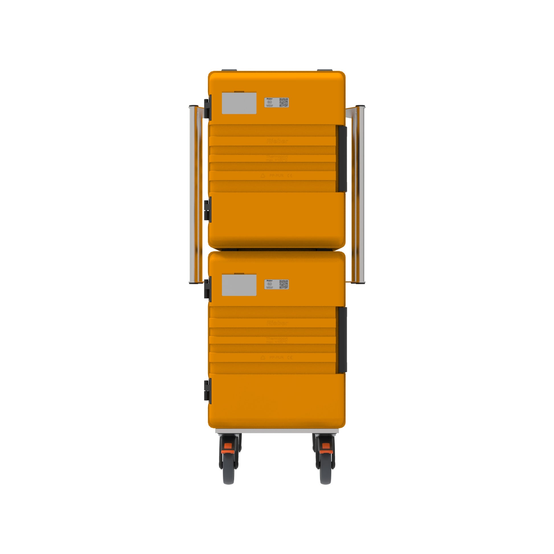Mobiler, gelber Transportbehälter auf Rollen.
