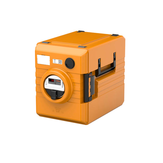 Orange Thermobox mit Temperaturanzeige.