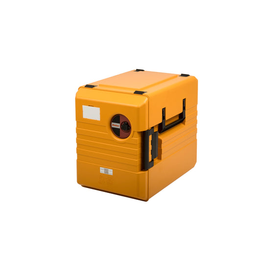 Orange Thermobox mit Tragegriff.