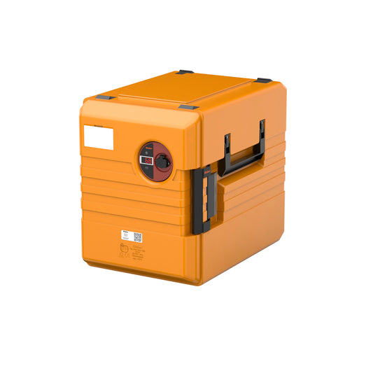 Orange Thermobox mit Griffen.