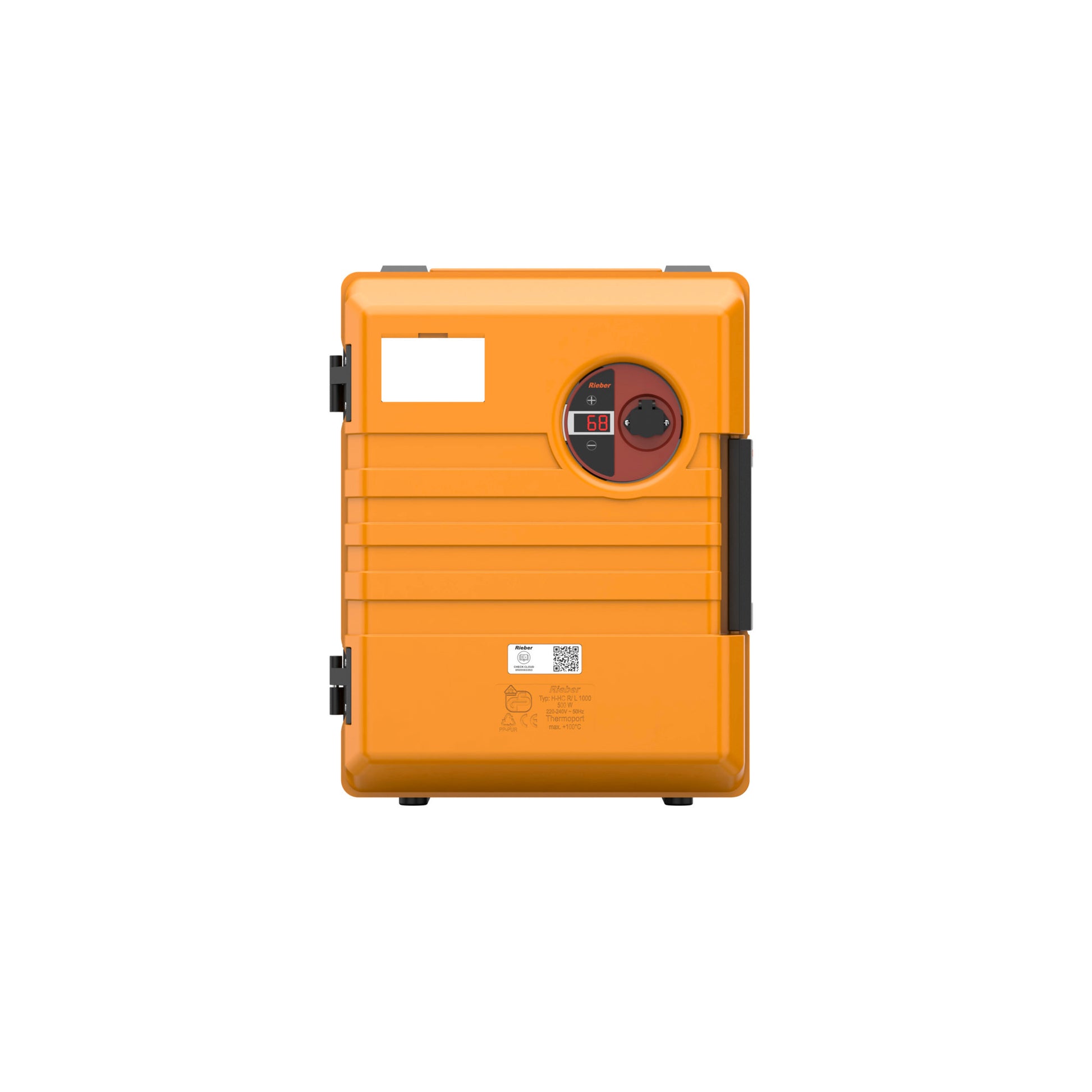 Orange Thermobox mit Griffen.