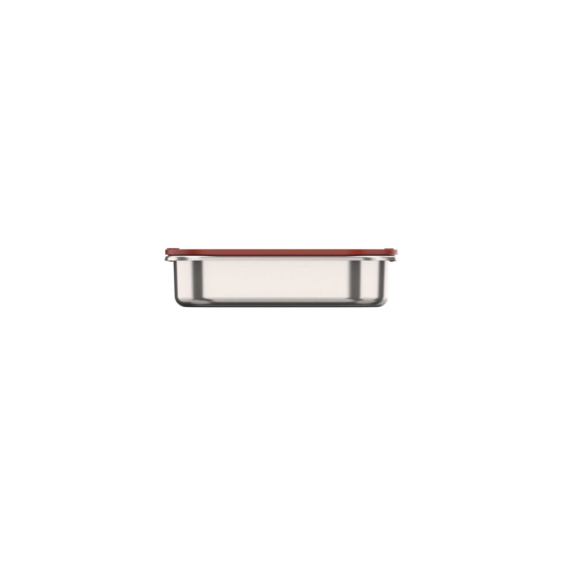 Edelstahlbehälter mit rotem Deckel.
