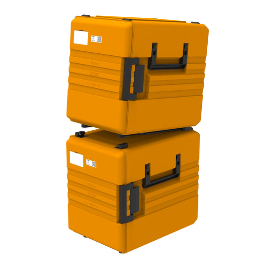 Zwei gestapelte gelbe Transportboxen.