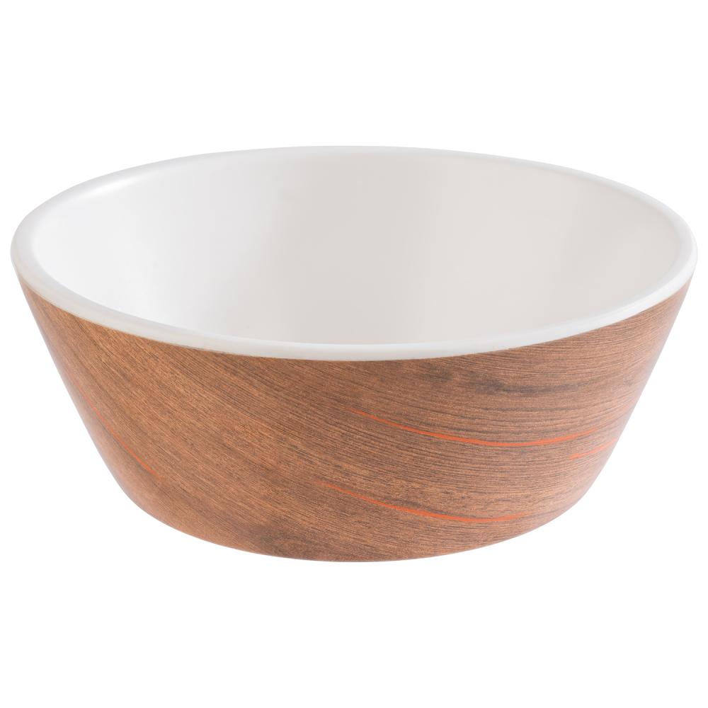 Holzoptik-Schüssel mit weißem Innenraum.