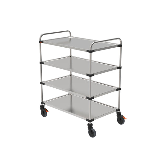 Metallischer Servierwagen mit Rollen.