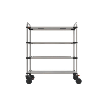 Metallischer Servierwagen mit Rollen.